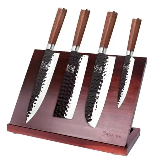 Produktbild: Magnetisches Messerblock-Set Kitchen Messerset 4PCS Deutsche Edelstahl-Küchenmesser gehämmerte Schmiedekunst Kraftvoller Magnet innen rutschfeste Basis Stabil und zuverlässig Schönes Geschenkset
