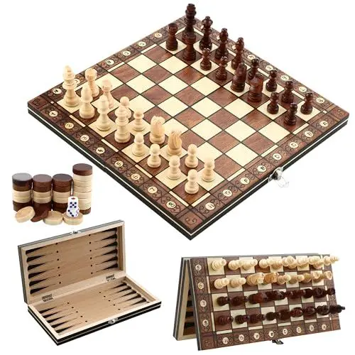 Produktbild: Magnetisches Schachspiel aus Holz, 3-in-1-Schachspiel aus Holz, Hochwertiges Schachbrett mit faltbarem Schach (29 cm x 29 cm), Schach für Kinder, Faltbares Chess Board, EIN guter Begleiter für Reisen