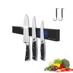 Produktbild: Magnetleiste Messer, 25CM Messerhalter Magnetisch aus Edelstahl mit Extra Starkem Magnet, Schwarz Messer Halterung magnet messerhalter Selbstklebend oder Bohren mit 2 Haken
