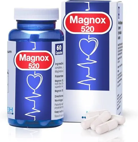 Produktbild: MAGNOX 520 Magnesium-Ergänzung gegen Muskelschmerzen Vegan und glutenfrei Magnesium-Ergänzungsmittel für Männer und Frauen, hohe Absorption für Schlaf, Muskelkrämpfe-Entlastung – (60 Kapseln) 520 mg