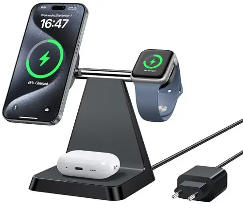 Produktbild: Mag-Safe Ladegerät Für iPhone Wireless Charger: 3 in 1 Mag-Safe Ladestation Kompatibel mit iPhone 16 15 14 13 12 Serie, Travel Induktive Ladestation Für Apple Watch & Air Pods(Schwarz)