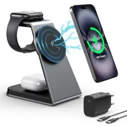 Produktbild: Mag-Safe Ladestation 3 IN 1, Ladestation für Apple Watch und iPhone, Induktive Ladestation auch geeignet für Airpods Pro 3 2, Kabelloses Ladegerät für iPhone 16 15 14 13 12 Serie(Grau)