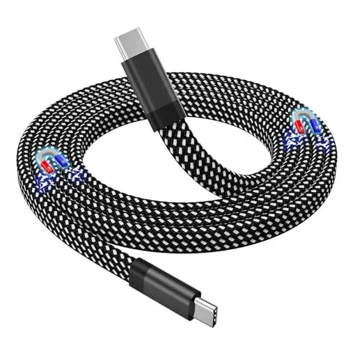 Produktbild: Magtame USB C Kabel, Magnetisches USB-C-auf-USB-C-Kabel 60W(3A), Flaches gewendeltes Ladekabel 1M, Nylon geflochtenes Typ-C-Schnellladekabel Kompatibel für i- Phone 15 Pro Max Plus Samsung Schwarz