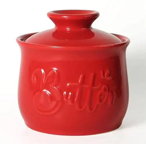 Produktbild: MAIA Keramik-Butterglocke 156 ml Buttertopf für Theke mit Wasserbutterstreuer Halter für streichbare Butterdose mit Deckel Butterhalter auf der Küchentheke, rote Küchendekoration