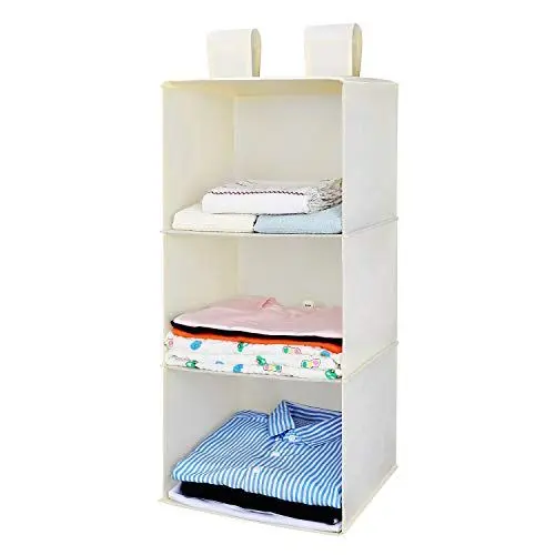 Produktbild: MaidMAX Hängeaufbewahrung Kleiderschrank Organizer, Hängeregal Hängeorganizer mit 3 Breiten Fächern, hängender Stoffschrank, Schrank Ordnungssystem, Vlies-Gewebe, faltbar- beige stabil