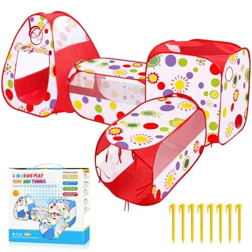 Produktbild: MAIKEHIGH 4 in 1 Kinder Spielzelt mit Tunnel, Pop Up Kinderzelt krabbeltunnel Baby Bällebad Zelt Faltbar Drinnen Draußen Mädchen Jungen Spielzeug Geschenk