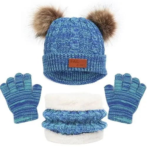 Produktbild: MAILEKT Mütze Schal & Handschuh-sets für Mädchen & Jungen, 3 in 1 Warme Wintermütze Schlauchschal StrickHandschuhe Set, Bommelmütze Kinder Schal Set Geschenk für Kinder 2-6 Jahre