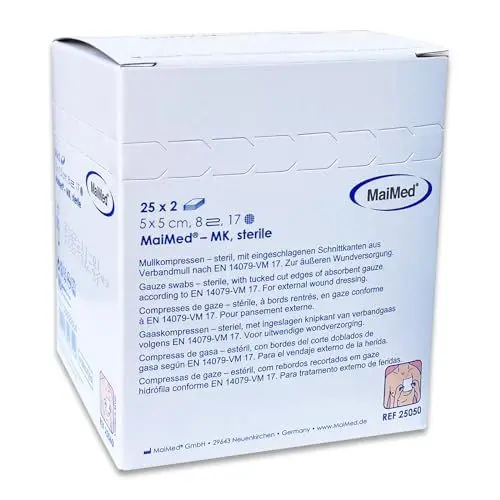 Produktbild: Sterile Kompressen 5x5 cm – 50 Stück Mullkompressen 8-lagig, fusselfrei – Mulltupfer steril & Wundauflagen nicht haftend für Verband & Pflege