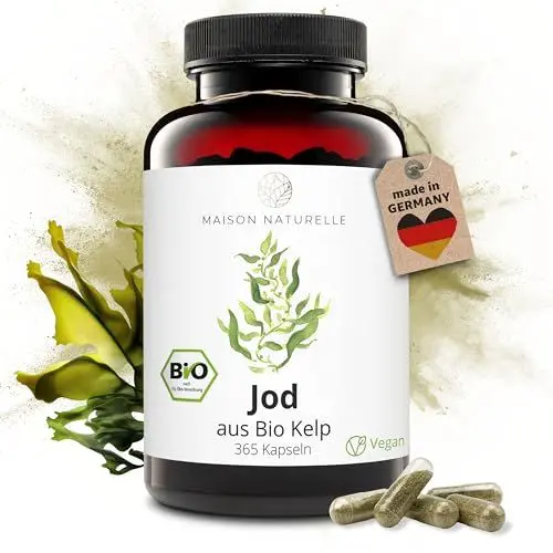 Produktbild: MAISON NATURELLE® JOD aus Bio Kelp (365 Stück) - 100% reine Jod Kapseln, Extrakt aus Braunalgen ohne Zusätze – optimal dosiert mit 195 µg natürlichem Jod je Kapsel - Jod Tabletten