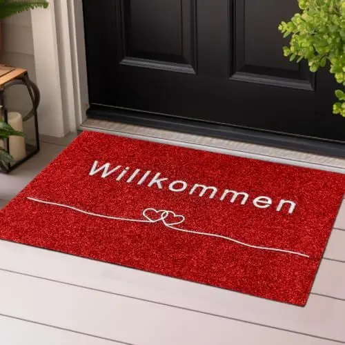Produktbild: Majo Lifestyle und Home® Fußmatte rutschfest waschbar Flur-Matte dünne Haustür-Matte, Schmutzfangmatte für innen und außen, Fussabtreter Eingangsbereich (ROT WILLKOMMEN, 40x60 cm)