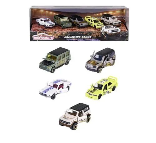 Produktbild: Majorette - Auto-Set CastHeads Series (5 Autos) - 5 Spielzeugautos aus Metall, je 7,5 cm, für Sammler und Kinder ab 3 Jahre, mit Freilauf, Federung & zu öffnendem Teil