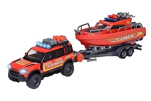 Produktbild: Majorette - Feuerwehrauto mit Boot (33,5 cm) - Land Rover Spielzeugauto aus Metall mit Anhänger und schwimmfähigem Speedboot zum Aufziehen, mit Licht & Sound, Spielzeug für Kinder ab 3 Jahre
