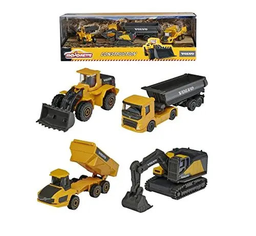 Produktbild: Majorette – Volvo Baustellenfahrzeuge 4er Geschenkset – Bagger, Radlader, Kipplaster, Knicklenker, Spielzeugautos aus Metall, für Kinder ab 3 Jahren, Schwarz/Gelb