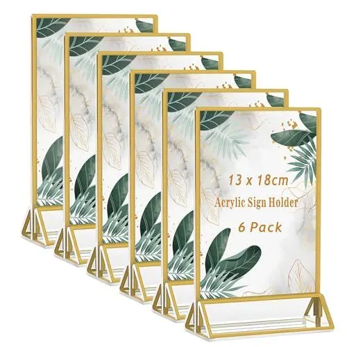 Produktbild: MAJOYLIFE Goldener Doppelseitiger Bilderrahmen 6 Stück,Acryl-Tischnummern Hochzeit Gold,Klare Doppelseitige Tischkartenhalter für Tischplan/Fotos Display/Restaurant/Cafe(13x18cm)