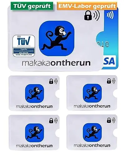 Produktbild: MakakaOnTheRun 5X RFID Blocker Kartenhülle (3fach geprüft: TÜV + EMV + HF-Labor) - EC Karten Schutzhülle, Karten Hüllen für Geldbörsen, Ausweis- & Kartenhüllen, NFC Schutzhülle