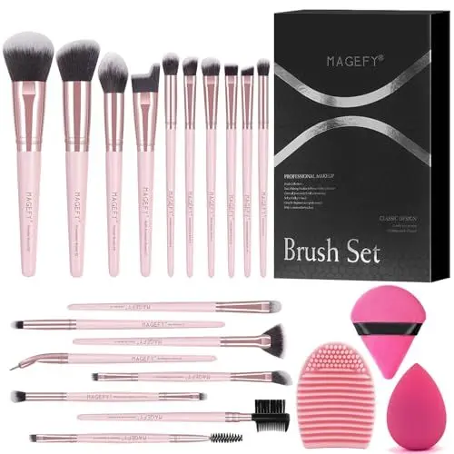 Produktbild: Make up Pinsel Set MAGEFY Professionelles 18 Pcs Pinselset Makeup Foundation Lidschatten Schminkpinsel Set mit Beauty Blender, Puderquaste, Make up Pinsel Reinigungsmatte, Geschenkbox
