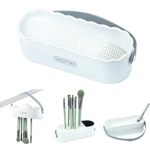 Produktbild: Make-up Pinsel Reinigungsmatte, 4 in 1 Silikon Pinselreiniger zum Reinigen, Trocknen und Aufbewahren, Tragbare Makeup Pinsel Reinigung für Kosmetikpinsel und Make-up-Schwamm (Weiß)