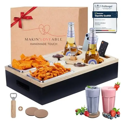 Produktbild: Makin'Loveable® - Couchbar 2in1 Snackbox - Sofa Tablett Snackbox mit Fächern, Nachhaltiges Holz, Dipschalen, Spülmaschinengeeignet, Couch Caddy für Sofa & Couch (schwarz)