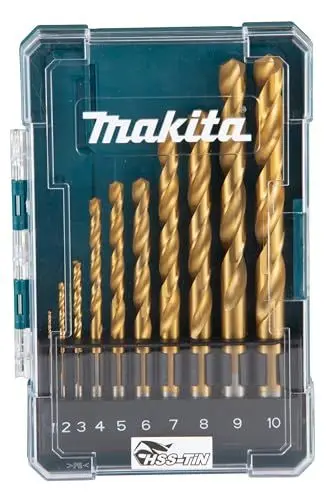 Produktbild: Makita D-72849 HSS-TiN Metallbohrer 10-teilig in Aufbewahrungsbox, Ø 1-10 mm, Titan-Nitrid beschichtet, DIN338, 135° geschliffene Spitze, Rundschaft