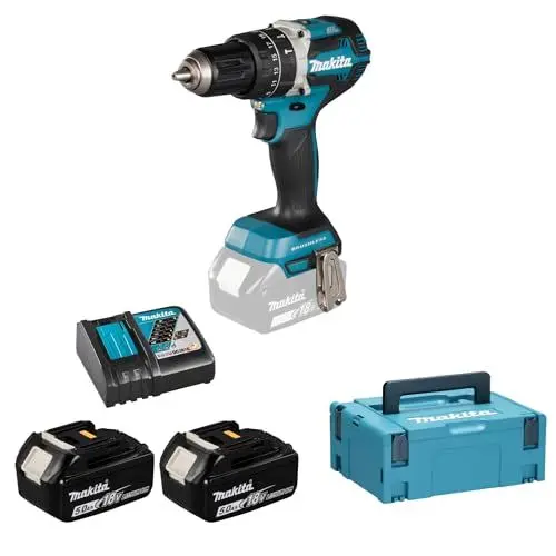 Produktbild: Makita DHP484RTJ Akku-Schlagschrauber 18V / 5,0Ah, 2 Akkus, Ladegerät im MAKPAC, 450 W, 18 V, Blau, Silber
