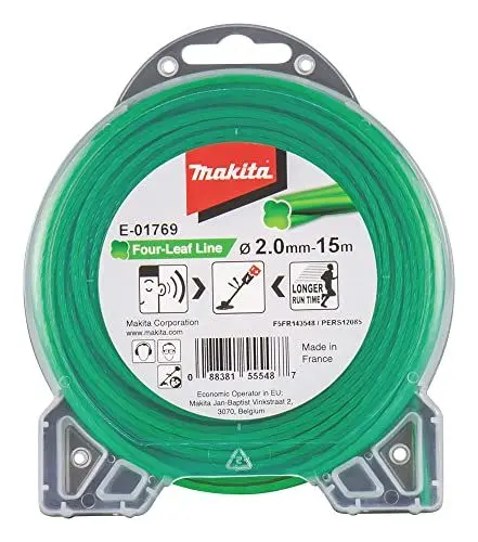 Produktbild: Makita E-01769 Mähfaden Four-Leaf 2,0 mm x 15 m, Trimmerfaden, Nylon, grün, geräuschreduziert, erhöhte Laufzeit, speziell für Akku-Rasentrimmer und Akku-Freischneider