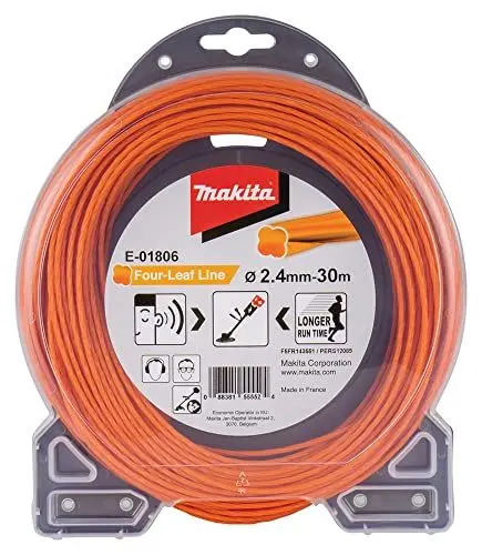 Produktbild: Makita E-01806 Mähfaden Four-Leaf 2,4 mm x 30 m, Trimmerfaden, Nylon, orange, geräuschreduziert, erhöhte Laufzeit, speziell für Akku-Rasentrimmer und Akku-Freischneider