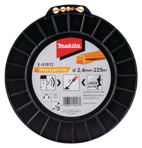 Produktbild: Makita E-01812 Mähfaden Four-Leaf 2,4 mm x 225 m, Trimmerfaden, Nylon, orange, geräuschreduziert, erhöhte Laufzeit, speziell für Akku-Rasentrimmer und Akku-Freischneider