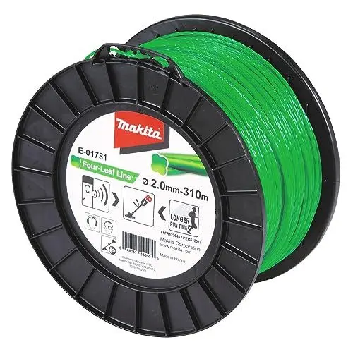 Produktbild: Makita E-01781 Mähfaden Four-Leaf 2,0 mm x 310 m, Trimmerfaden, Nylon, grün, geräuschreduziert, erhöhte Laufzeit, speziell für Akku-Rasentrimmer und Akku-Freischneider