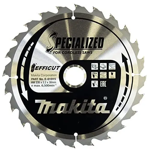 Produktbild: Makita E-01915 EFFICUT Kreissägeblatt Ø 235 x 2,2 x 30 mm, 24 Zähne, 20° Zahnwinkel, für saubere und schnelle Schnitte in Holz, für Akku-Handkreissägen