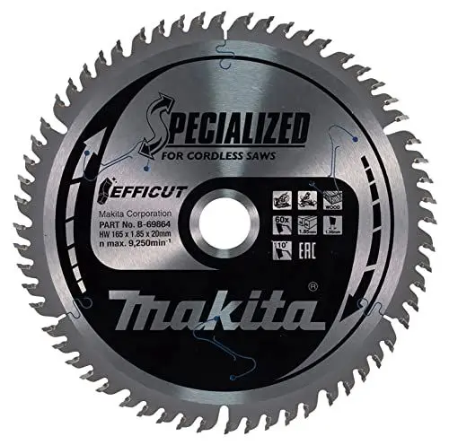 Produktbild: Makita B-69864 EFFICUT Kreissägeblatt Ø 165 x 1,85 x 20 mm, 60 Zähne, 10° Zahnwinkel, für saubere und schnelle Schnitte in Holz, für Akku-Kapp- und Gehrungssägen