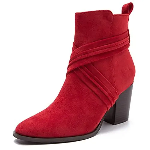Produktbild: Makmeoyw Casual DaHerren Western Stiefel Ankle High Absatz Chunky Zipper Stiefeletten Pointed Toe Stacked Heeled Kurze Stiefel Buro Heels Red Size 39