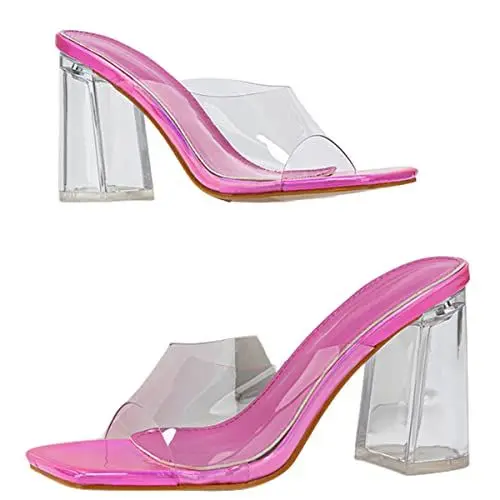 Produktbild: Makmeoyw DaHerren Clear Heeled Sandalen Transparent Chunky Block High Heel Slides Square Toe Transparent Heel Pantoletten für Frauen Cherry Clear Hausschuhes
