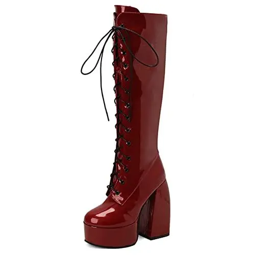 Produktbild: Makmeoyw DaHerren Plateau Heel Stiefel Schnüren GOGO Stiefel Metallic Knee Hohe Stiefel Claret High Heel Performance Stiefel Lack Leder Hohe Stiefel Size 12.5