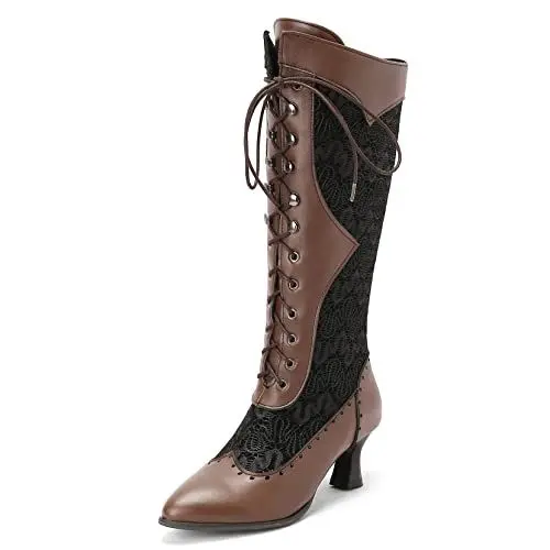 Produktbild: Makmeoyw Damen Pointed Toe Chunky Heels Knee Hohe Stiefel Schnüren Kniestiefel Buro Cuban Heel Hohe Stiefel Spitze Lack Leder Stiefel Brown Size 48