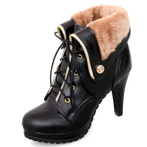 Produktbild: Makmeoyw Damens High Heel Plateau Faux Fell Knöchel Stiefel Schnüren Winter Schneestiefel Black Runde Zehen Stiefeletten Elegant Business Dress Goth Stiefel Size 8