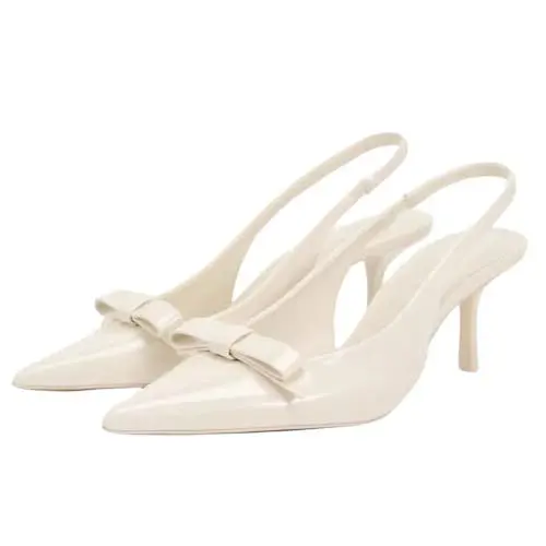 Produktbild: Makmeoyw Kitten Heel für Frauen Stiletto Pointed Toe Pump with Schnalle White Hochzeit Dress Bow Heeled Sandalen Backless Bowtie Schuhe Size 7