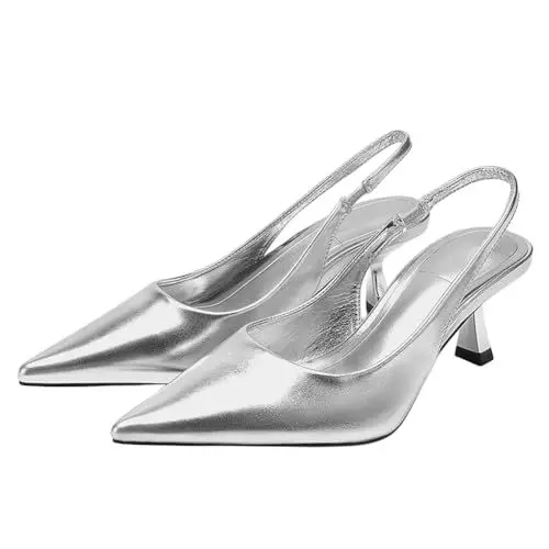 Produktbild: Makmeoyw Metallic Silver Slingback Pumps für Frauen Kitten Heel Closed Pointed Toe Sling Back Heels Abend Pumps Hochzeit Party Dress Sandalen Size 5