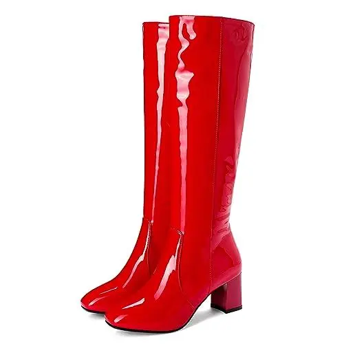 Produktbild: Makmeoyw Red Knee Höhe Stiefel 70s GoGo Stiefel Runde Zehen Disco Stiefel Block Heels Prom Plateau Stiefel Lack Side Zipper Höhe Stiefel Size 8