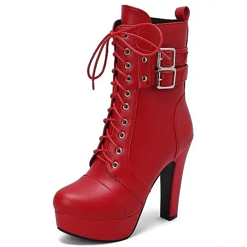 Produktbild: Makmeoyw Sexy H?he Ferse Plateau Stiefeletten für Frauen Runde Zehen Gotisch Knöchel Stiefel Chunky High Heel Schnüren Stiefeletten Red Schnalle Plateau Stiefel Size 12