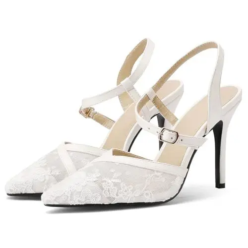 Produktbild: Makmeoyw Spitze Mesh Air Stiletto H?he Ferse Sandalen für Frauen Embroider Slingback Heels Pointed Geschlossen Hochzeit Party Heeled White Pumps Schuhe Size 9.5
