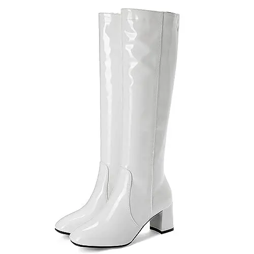 Produktbild: Makmeoyw White Knee Höhe Stiefel 70s GoGo Stiefel Runde Zehen Disco Stiefel Block Heels Prom Plateau Stiefel Lack Side Zipper Höhe Stiefel Size 6