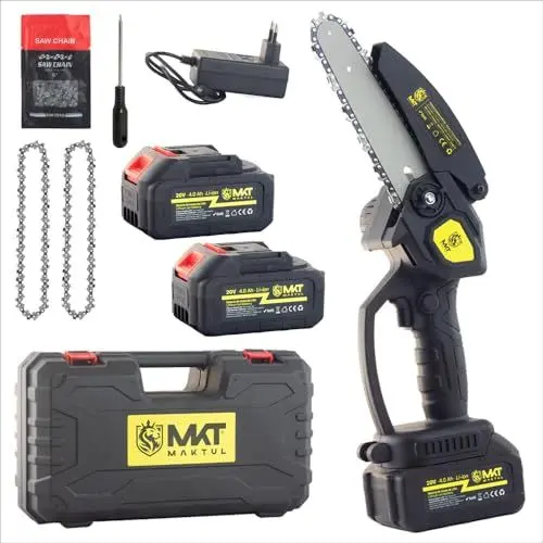 Produktbild: MAKTUL Mini Kettensäge mit Akku 6‘’/15cm, 8000 mAh (2 Batterien 4000mAh 20V), Elektro Astsäge Einhand Beschneiden Baumsäge Bäume Garten, Kleine Motorsäge mit Zubehör, Gehölzschneider Gartenwerkzeuge