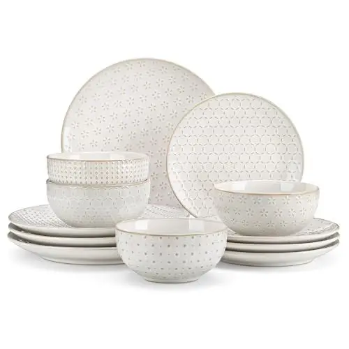 Produktbild: MALACASA Geschirrset für 4 Personen, 12-teiliges Tellerset aus Steingut, Tafelservice Modern Mit Relief – je 4 Speiseteller, Dessertteller und Müslischalen Für Müsli, Pasta, Dessert, Serie LYDIA Beige