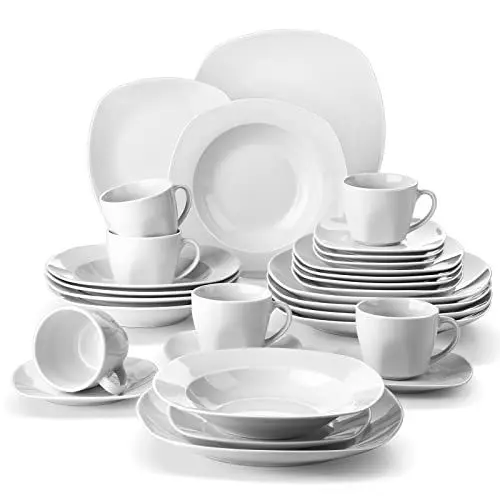 Produktbild: MALACASA, Serie Elisa, Porzellan Tafelservice 30-teilig Kombiservice Rund Geschirrset mit je 6 Kaffeetassen, 6 Untertassen, 6 Dessertteller, 6 Suppenteller und 6 Essteller Frühstückservice, Grauweiß