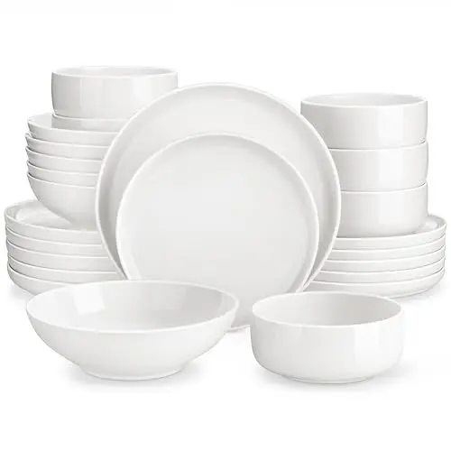 Produktbild: MALACASA, Serie LUNA, 24-teilig Weiß Porzellan Tafelservice Kombiservice Geschirrset, je 6 Speiseteller, Dessertteller, Suppenteller, Müslischalen für 6 Personen