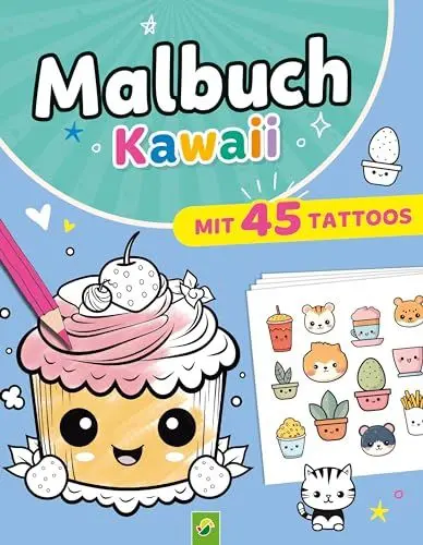 Produktbild: Malbuch Kawaii mit 45 Tattoos: Nit 4 Tattoo-Bögen made in Germany I hautfreundlich und sicher