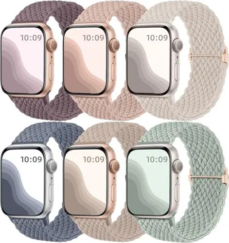 Produktbild: Maledan 6 Stück Geflochtenes Armband Kompatibel mit Apple Watch Armband 44mm 45mm 42mm 46mm 49mm Damen Herren, Elastisches Nylon Sport Solo Loop Band für iWatch SE Series 10 9 8 7 6 5 4 3 2 1 Ultra