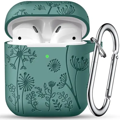 Produktbild: Maledan Blume Gravierte Hülle Kompatibel mit AirPods, Weich Elegant Silikon Stoßfest Hülle für Airpods 2 & 1 Generation Schutzhülle Case mit Karabiner (LED Sichtbar) für Damen, A-Kieferngrün