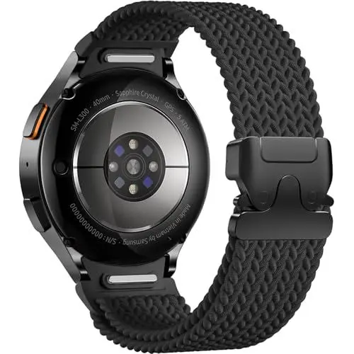 Produktbild: Maledan Ein Klick Geflochtenes Armband Kompatibel mit Samsung Galaxy Watch 7 6 5 4 Armband 40mm 44mm, Nylon Sport Band für Galaxy Watch 6 Classic 47mm 43mm/Watch 5 Pro/Watch 4 Classic/FE, Schwarz