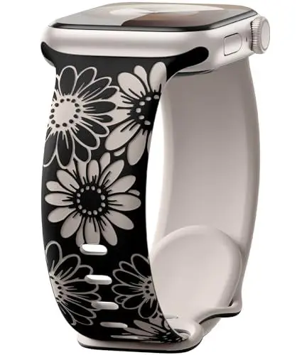 Produktbild: Maledan Floral Gravierte Armband Kompatibel mit Apple Watch Armband 41mm 40mm 38mm 42mm Damen, Zweifarbige Blume Weiches Silikon Sport Band für iWatch SE Series 10 9 8 7 6 5 4 3 2 1,Schwarz/Polarstern